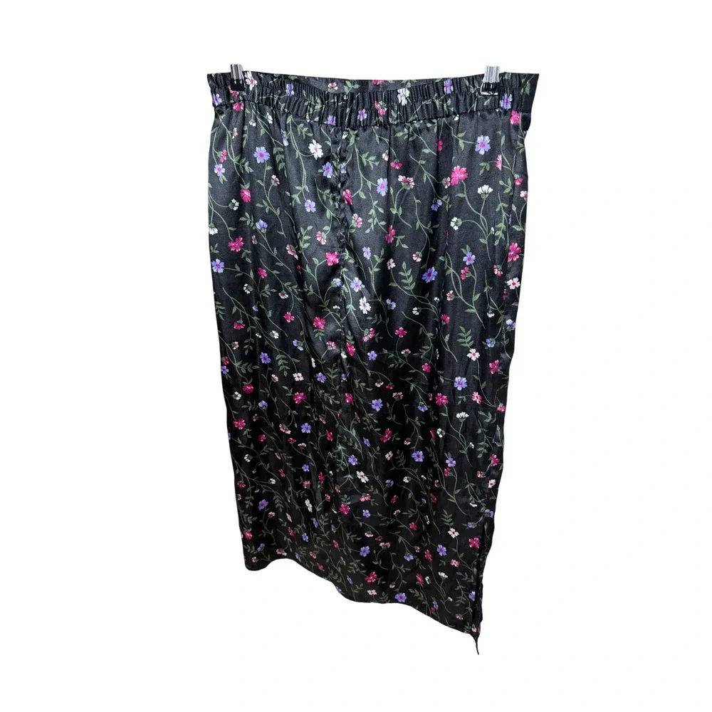 Vintage Fashion Bug Floral Satin Midi Skirt Black Pink Purple Plus 14W/16W USA